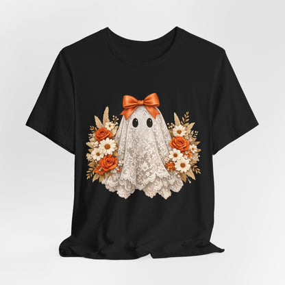Lace Ghost Tee with Orange Floral Bouquet — Cute Halloween T-Shirt