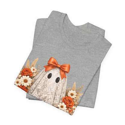 Lace Ghost Tee with Orange Floral Bouquet — Cute Halloween T-Shirt