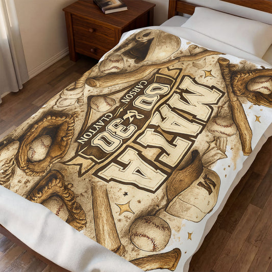 Baseball Tribute Velveteen Plush Blanket – Personalized "MATA 100 & 30" Retro Sports Design