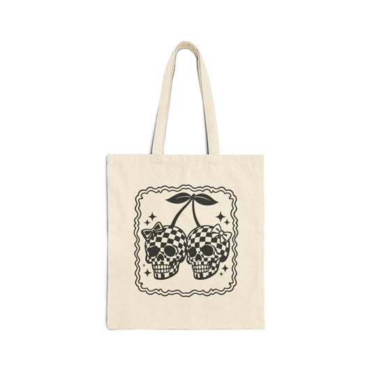 Checker Skull Cherry Tote Bag – Gothic Vintage Canvas Shopper