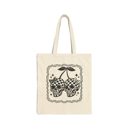 Checker Skull Cherry Tote Bag – Gothic Vintage Canvas Shopper