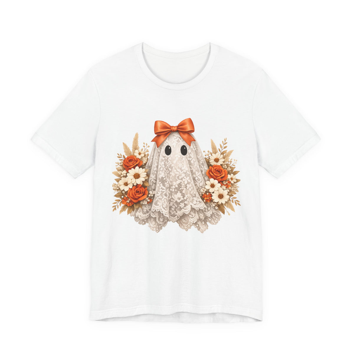 Lace Ghost Tee with Orange Floral Bouquet — Cute Halloween T-Shirt