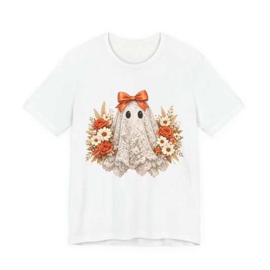 Lace Ghost Tee with Orange Floral Bouquet — Cute Halloween T-Shirt