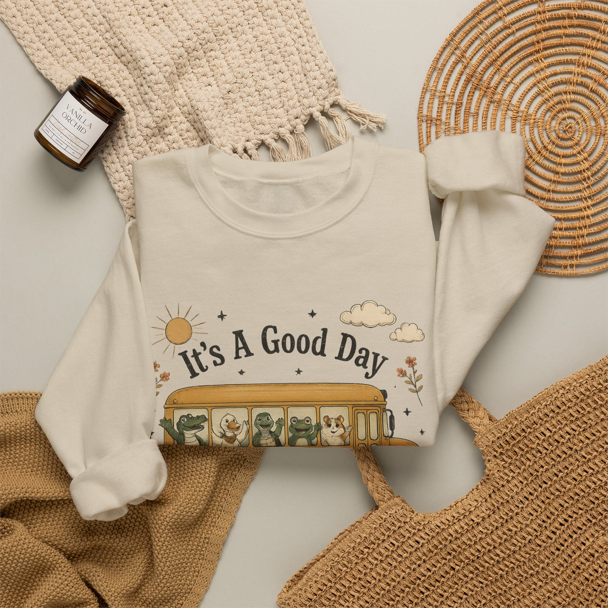 Crewneck Sweatshirt — "It's A Good Day for Learning" School Bus Design