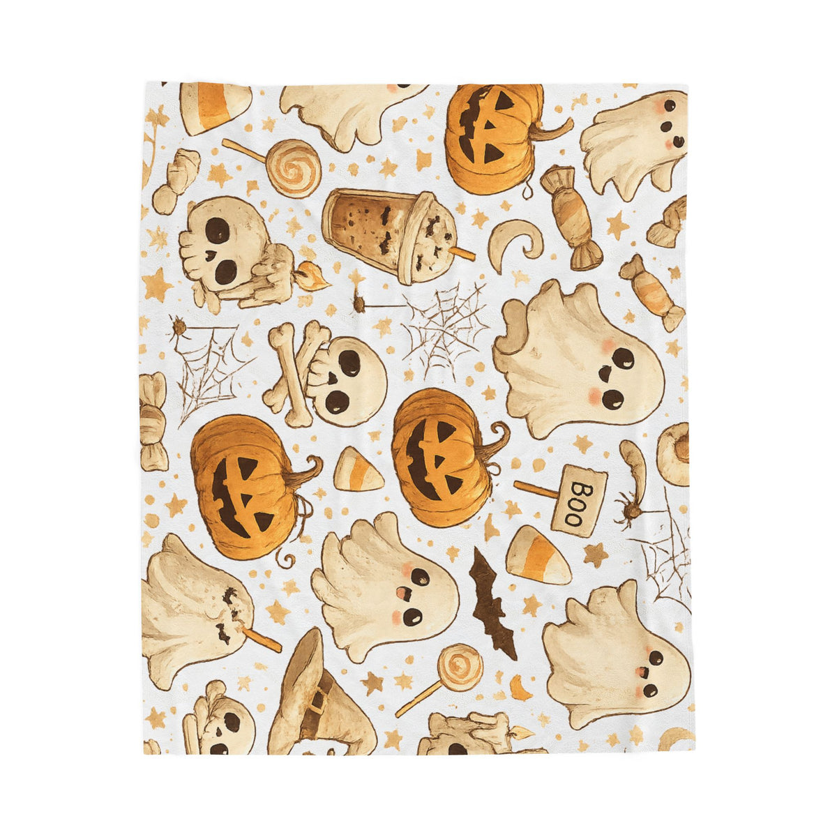 Velveteen Plush Blanket — Cute Halloween Ghosts & Pumpkins Cozy Throw