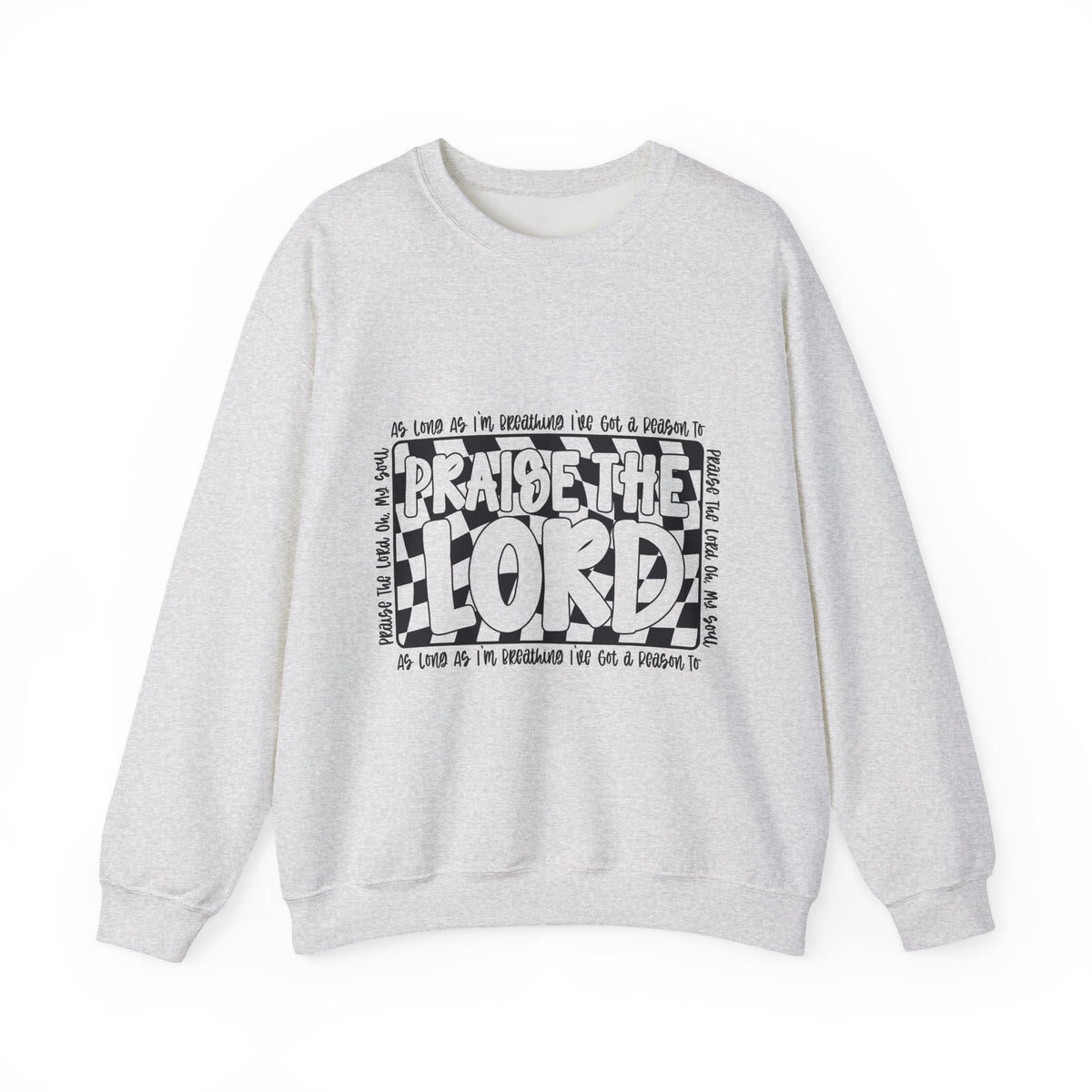 Praise the Lord Crewneck Sweatshirt — Retro Checkerblock Faith Graphic