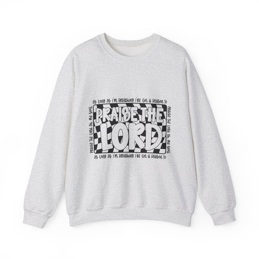 Praise the Lord Crewneck Sweatshirt — Retro Checkerblock Faith Graphic
