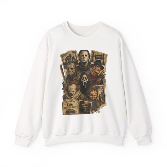 Horror Icons Crewneck Sweatshirt — Classic Slasher Mask Collage