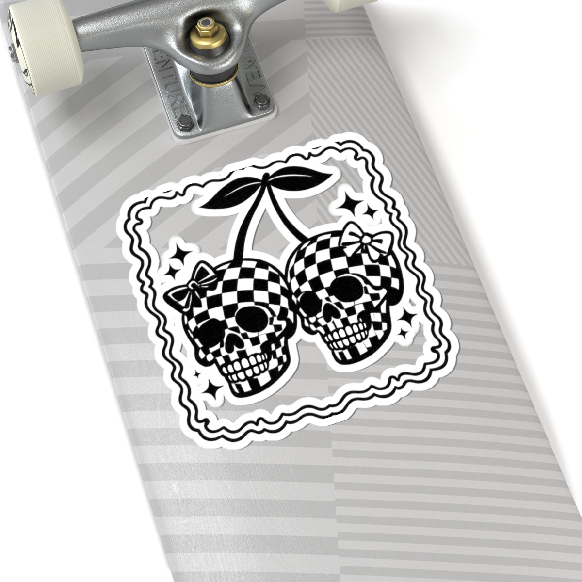 Checkerboard Skull Cherries Sticker — Gothic Retro Kiss-Cut Decal