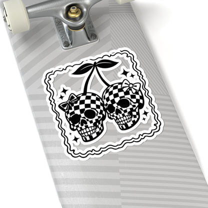 Checkerboard Skull Cherries Sticker — Gothic Retro Kiss-Cut Decal