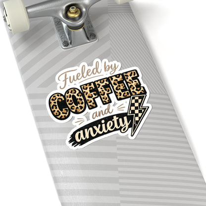 Sticker — "Fueled by Coffee and Anxiety" Leopard Print Laptop Decal