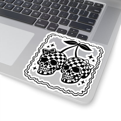 Checkerboard Skull Cherries Sticker — Gothic Retro Kiss-Cut Decal
