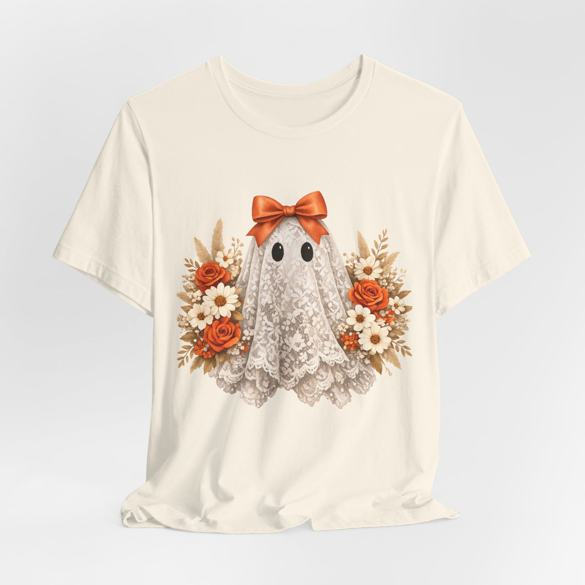 Lace Ghost Tee with Orange Floral Bouquet — Cute Halloween T-Shirt