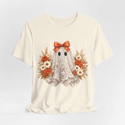 Lace Ghost Tee with Orange Floral Bouquet — Cute Halloween T-Shirt