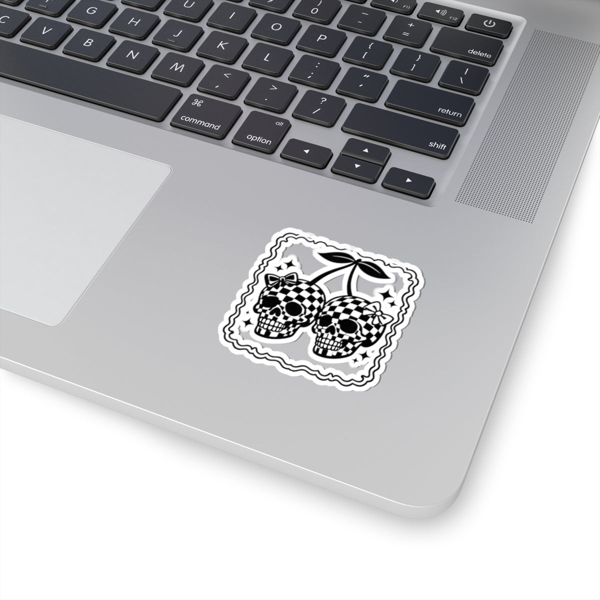 Checkerboard Skull Cherries Sticker — Gothic Retro Kiss-Cut Decal