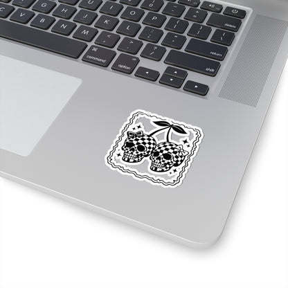 Checkerboard Skull Cherries Sticker — Gothic Retro Kiss-Cut Decal