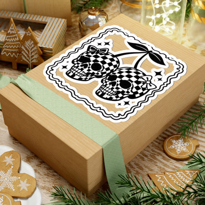 Checkerboard Skull Cherries Sticker — Gothic Retro Kiss-Cut Decal