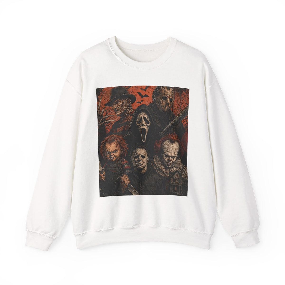 Horror Icons Crewneck Sweatshirt — Classic Slasher Movie Mask Collage