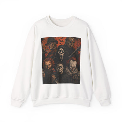 Horror Icons Crewneck Sweatshirt — Classic Slasher Movie Mask Collage