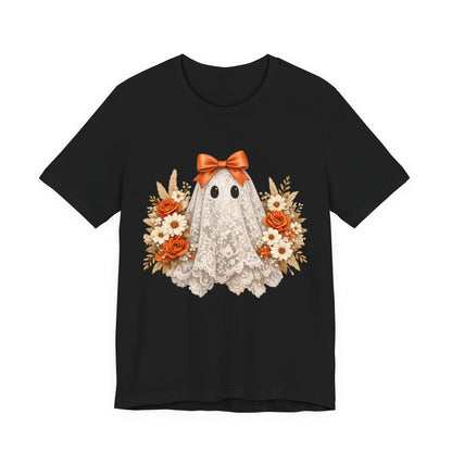 Lace Ghost Tee with Orange Floral Bouquet — Cute Halloween T-Shirt